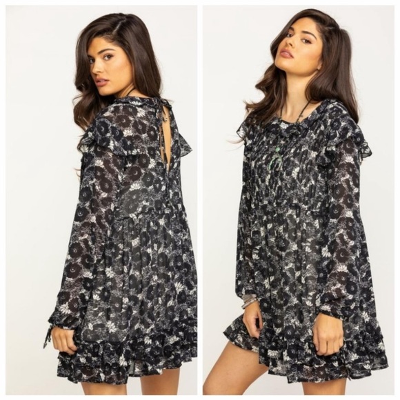 FREE PEOPLE BOHO RUFFLES BABYDOLL MINI DRESS IN BLACK WHITE FLORAL PRINT SZ S,M - Picture 6 of 15